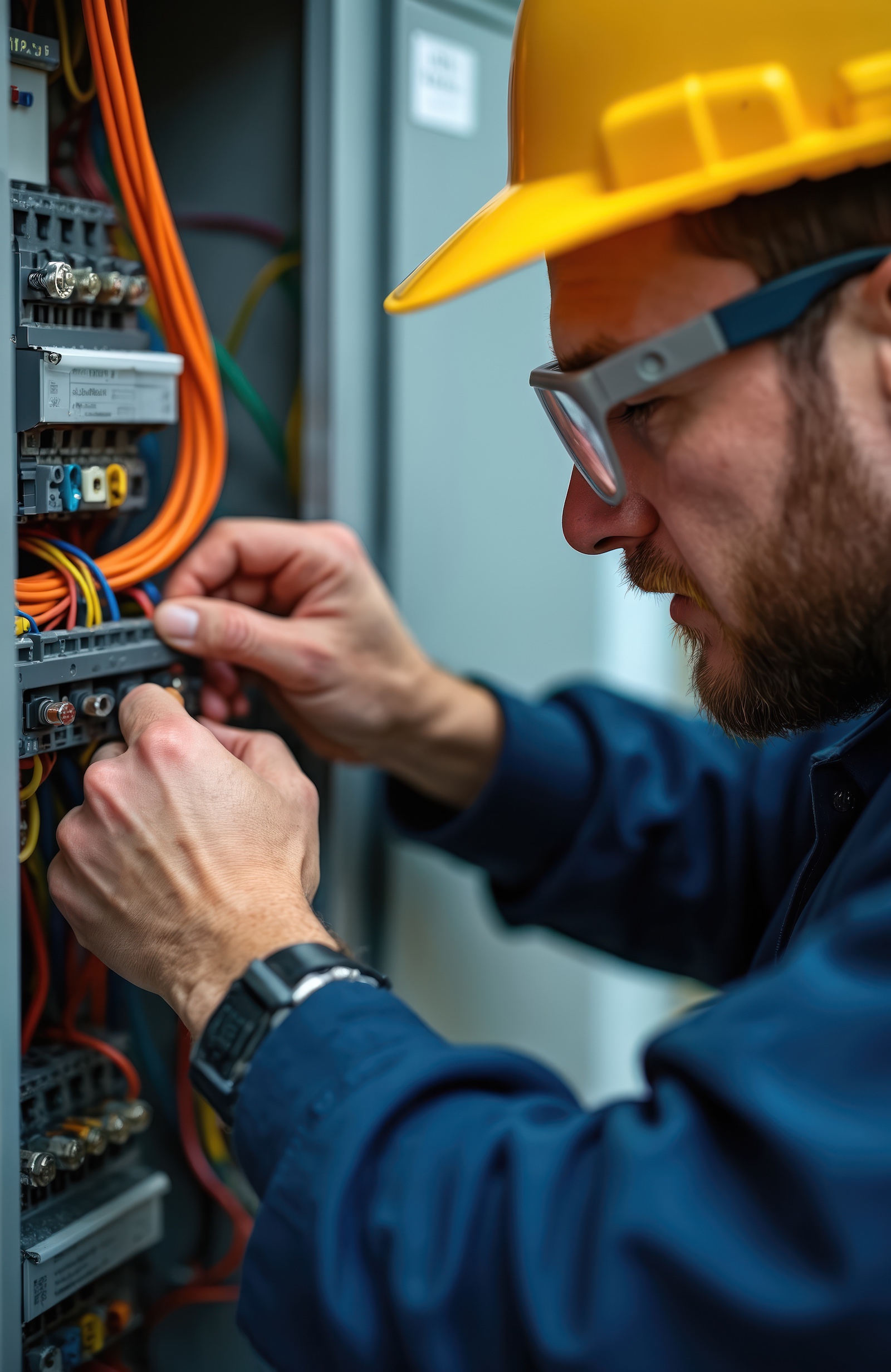 Pro electrician in yellow hard hat, safety glasses mends electric wiring inside power control panel. Man connects colorful cables. Engineer performs maintenance on industrial system equipment. Worker Pro electrician in yellow hard hat safety glasses mends electric wiring inside power control panel. Man connects colorful cables. Engineer performs maintenance on industrial system equipment. Worker