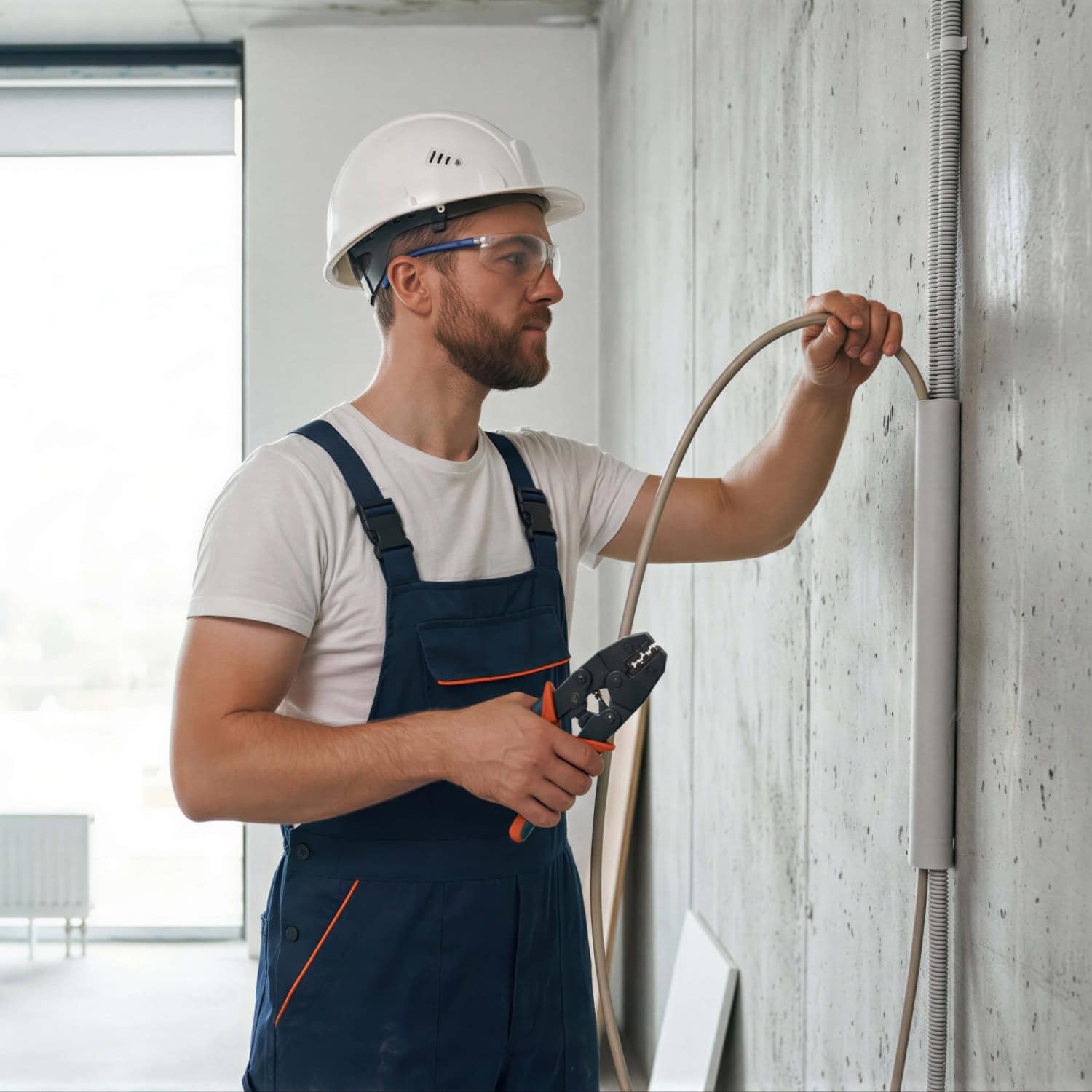 Professional electrician installing wire in the wall